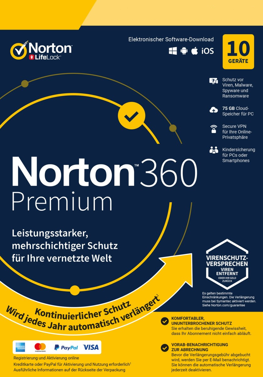 Norton 360 Premium, 75 GB Cloud-Backup, 10 Geräte 1 Jahr KEIN ABO